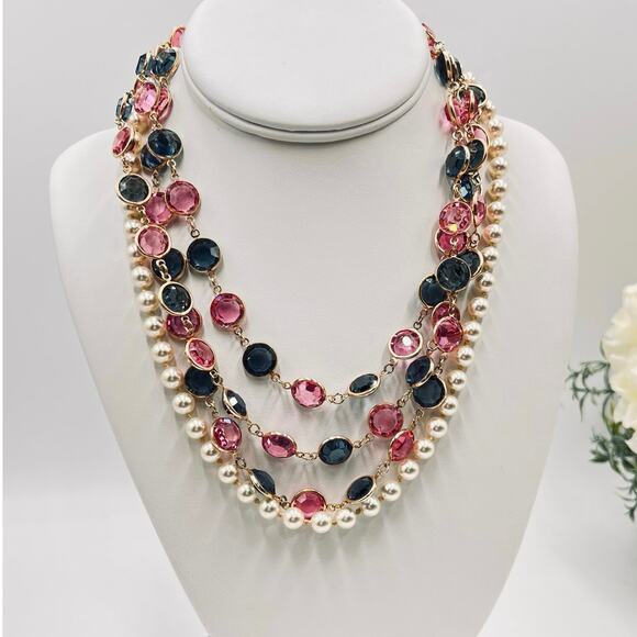 D.S. Co. Daniel Swarovski Triple Strand Faux Pearl Pink Blue Crystal Necklace - Picture 1 of 11